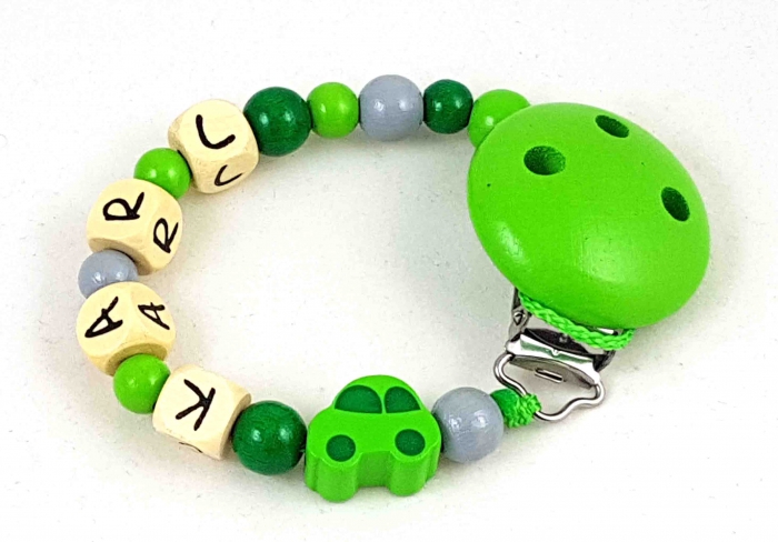 Schnullerkette mit Name "Auto" apfelgrün/grau/grün