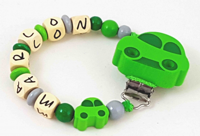 Schnullerkette mit Name "Auto" apfelgrün/grau/grün