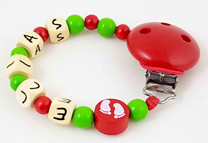 Schnullerkette mit Name "Füßchen" in apfelgrün/rot