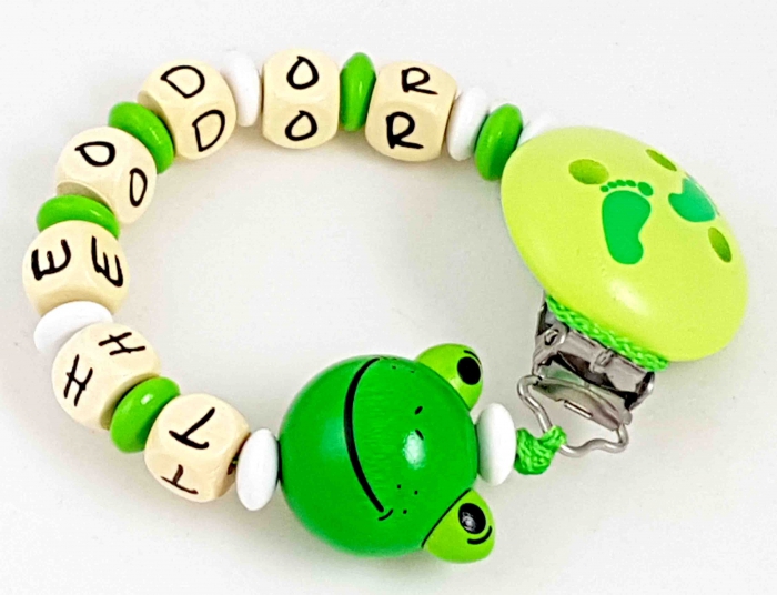 Schnullerkette mit Name "Frosch" in apfelgrün/weiß