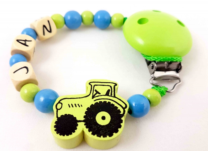 Schnullerkette mit Name "Traktor" in aqua/lemon