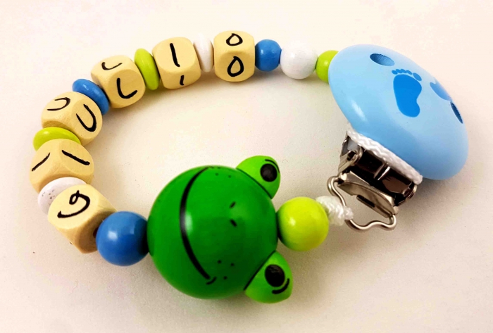 Schnullerkette mit Name "Frosch" in aqua/lemon/weiß