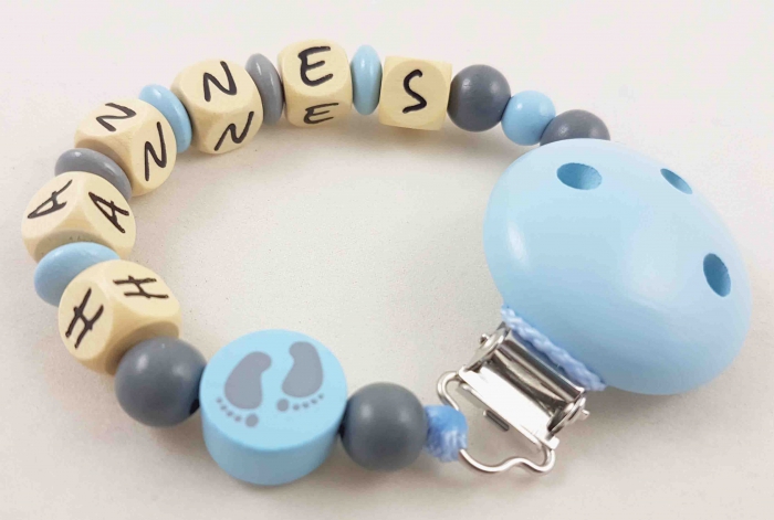 Schnullerkette mit Name "Füßchen" in babyblau/grau