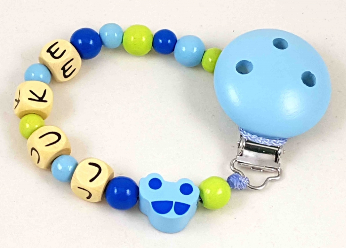 Schnullerkette mit Name "Auto" in babyblau/lemon/mittelblau