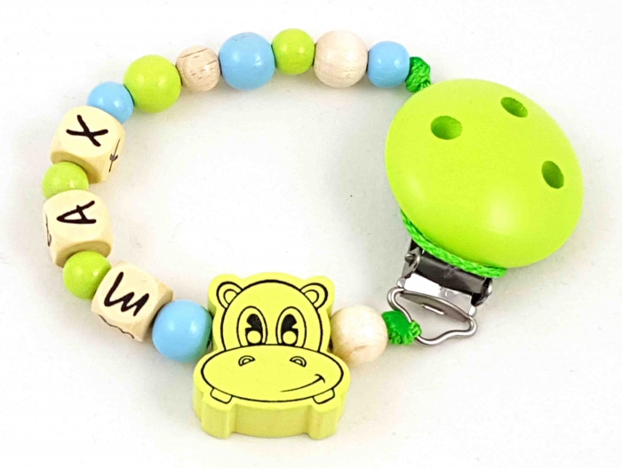 Schnullerkette mit Name "Hippo" in babyblau/lemon/natur