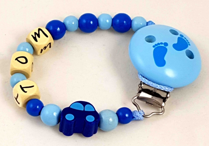 Schnullerkette mit Name "Auto dunkelblau" in babyblau/mittelblau