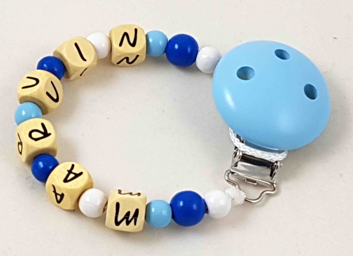 Schnullerkette mit Name in babyblau/mittelblau/weiß