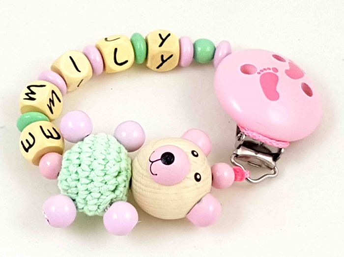 Schnullerkette mit Name "Bär&Häkelkörper" babyrosa/pastellgrün