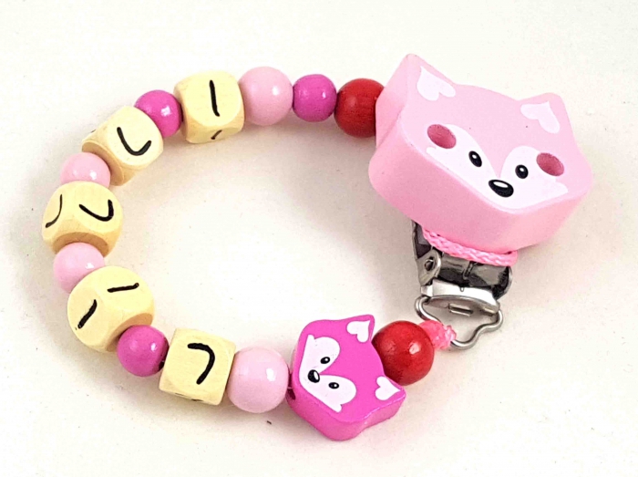 Schnullerkette mit Name "Fuchs" in babyrosa/pink/rot