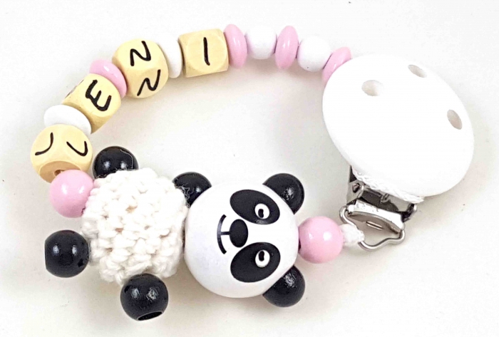 Schnullerkette mit Namen "Panda&Häkelkörper" in babyrosa/weiß