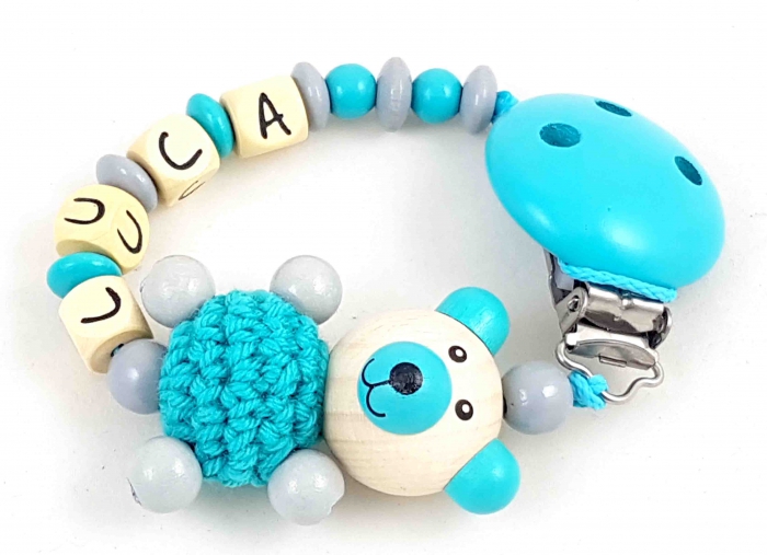 Schnullerkette mit Name "Bär&Häkelkörper" grau/mint