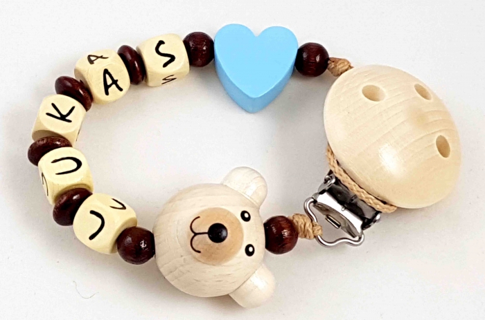 Schnullerkette mit Name "Bär&Herz" in braun/natur