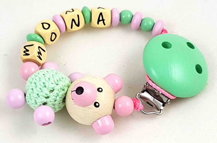 Schnullerkette mit Name "Bär&Häkelkörper" babyrosa/pastellgrün