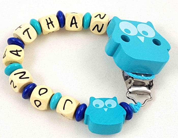 Schnullerkette mit Name "Eule" in dunkelblau/mint