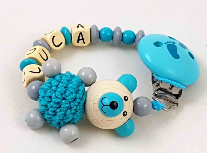 Schnullerkette mit Name "Bär&Häkelkörper" grau/mint
