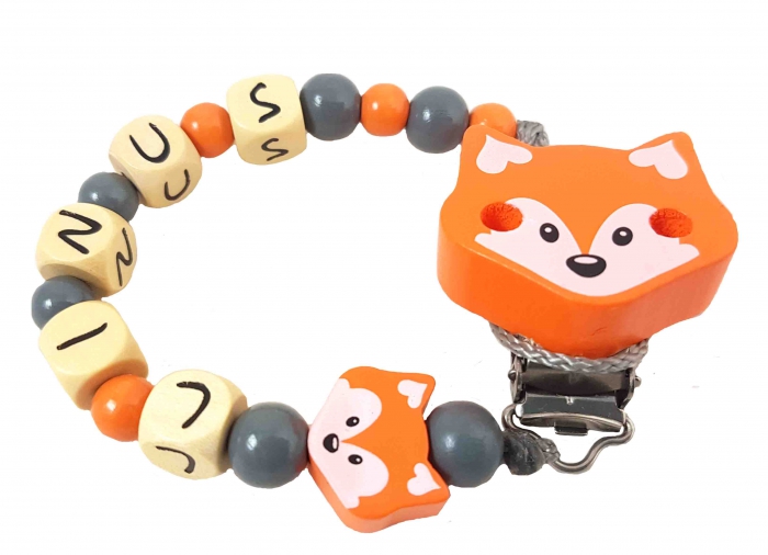 Schnullerkette mit Name "Fuchs" in grau/orange