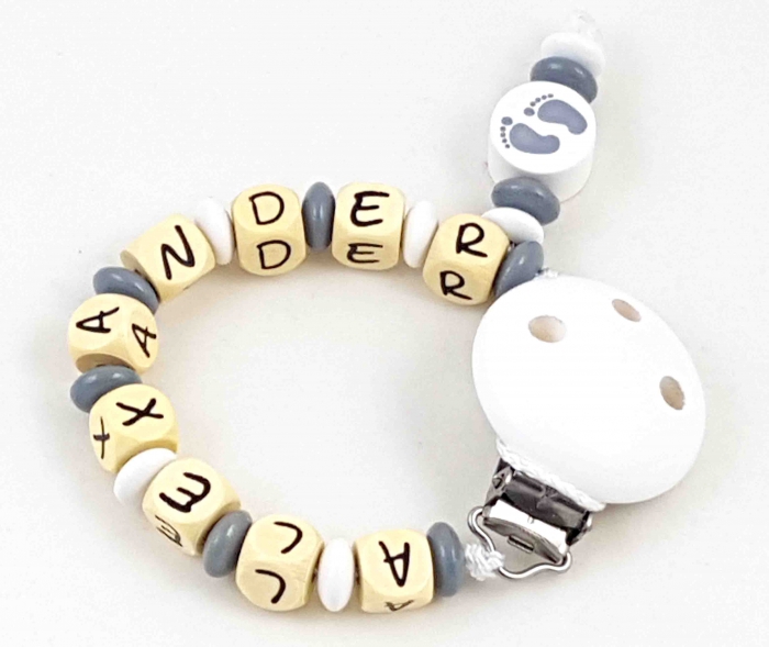 Schnullerkette mit Name "Füßchen" in grau/weiß