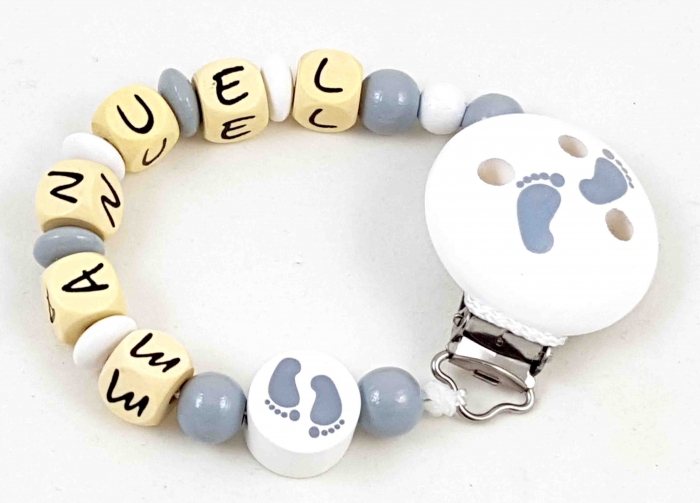 Schnullerkette mit Name "Füßchen" in grau/weiß