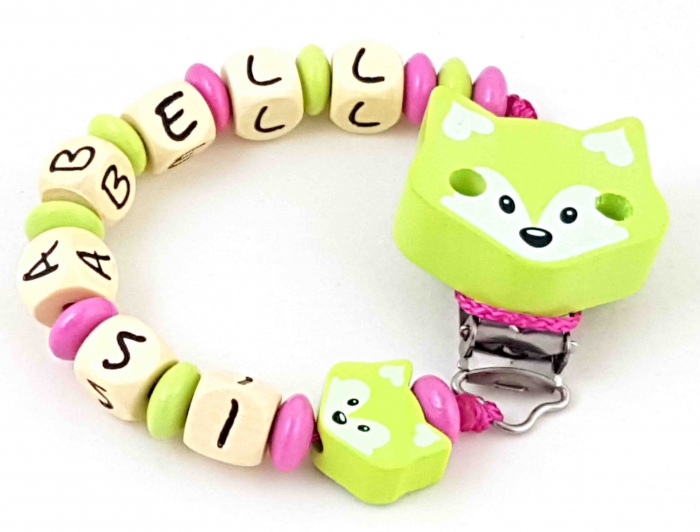 Schnullerkette mit Name "Fuchs" in lemon/pink