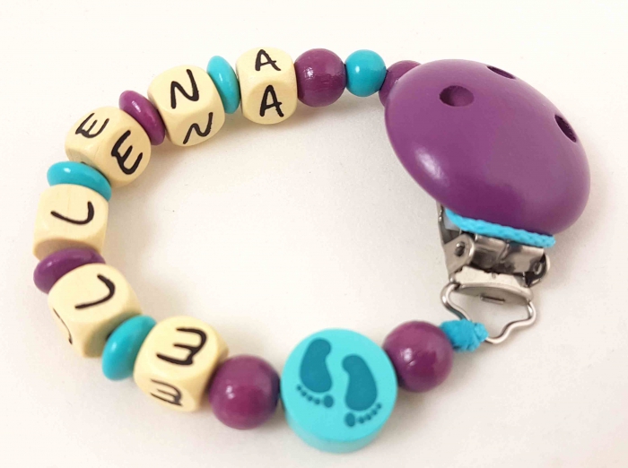 Schnullerkette mit Name "Füßchen" in mint/pflaume