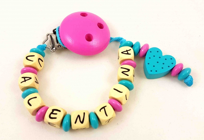 Schnullerkette mit Name "Herz" in mint/pink