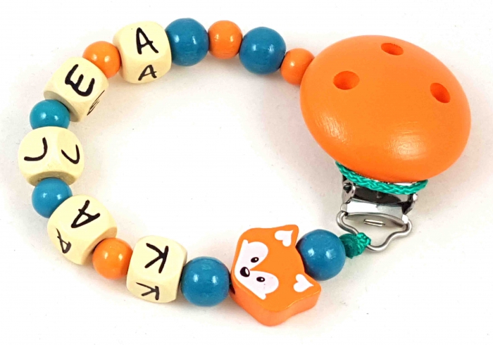 Schnullerkette mit Name "Fuchs" in orange/petrol