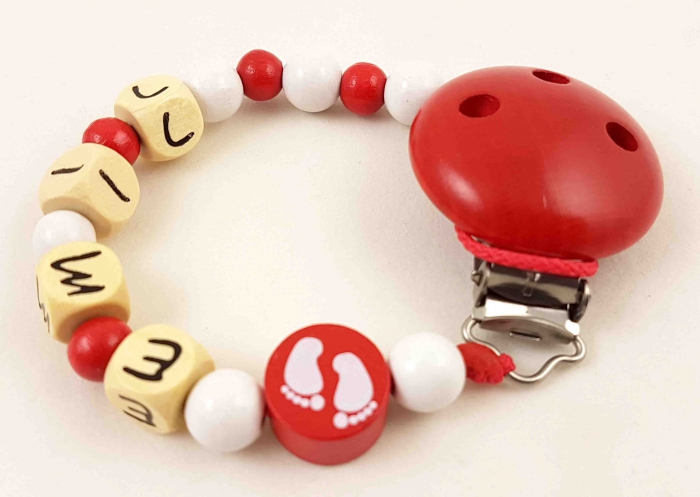 Schnullerkette mit Name "Füßchen" in rot/weiß