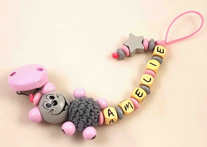 Schnullerkette mit Namen "3D Maus mit Häkelkörper & Stern" in babyrosa/grau