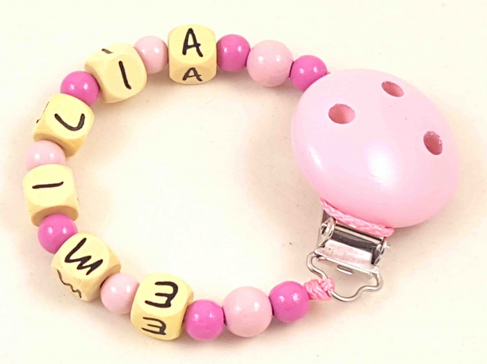 Schnullerkette mit Name in babyrosa/pink