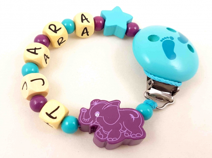 Schnullerkette mit Name "Elefant&Stern" in mint/pflaume