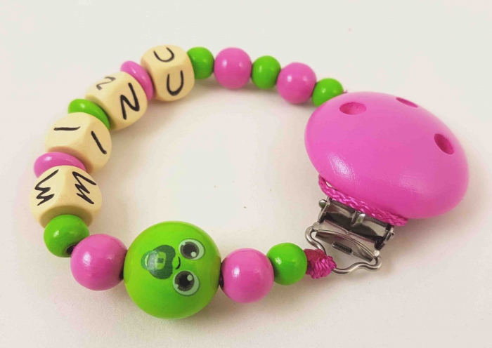 Schnullerkette Name "3D Baby" in apfelgrün/pink