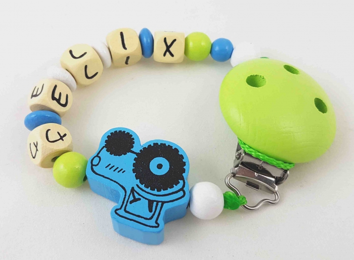 Schnullerkette mit Name "Traktor" in aqua/lemon/weiss