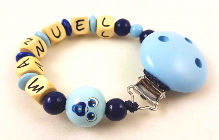 Schnullerkette mit Name "3D Baby" in babyblau/dunkelblau