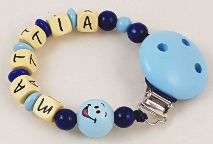 Schnullerkette mit Name "3D Smiley" in babyblau/dunkelblau