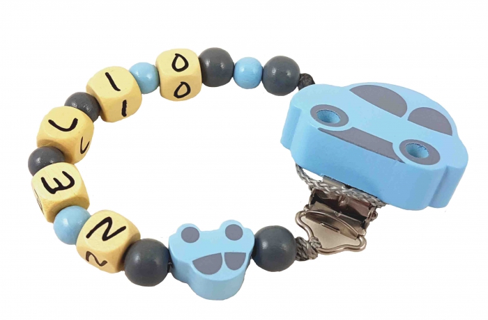 Schnullerkette mit Name "Auto" babyblau/grau