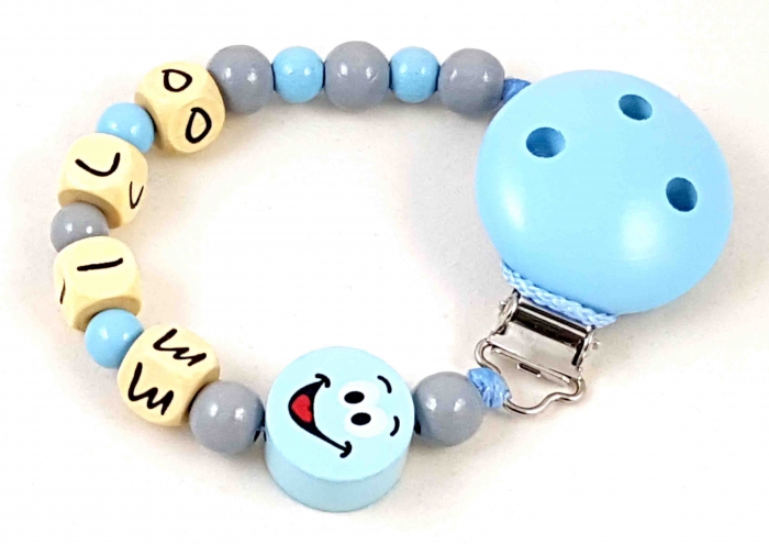 Schnullerkette mit Name "Smiley" in babyblau/grau