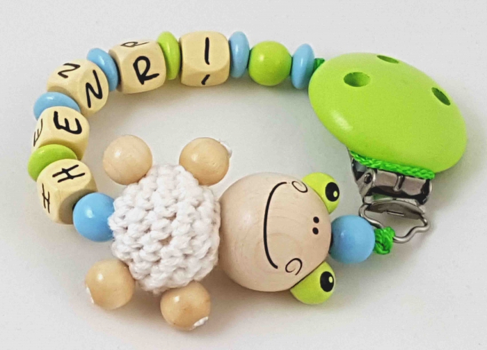 Schnullerkette mit Name "Frosch&Häkelkörper" in babyblau/lemon