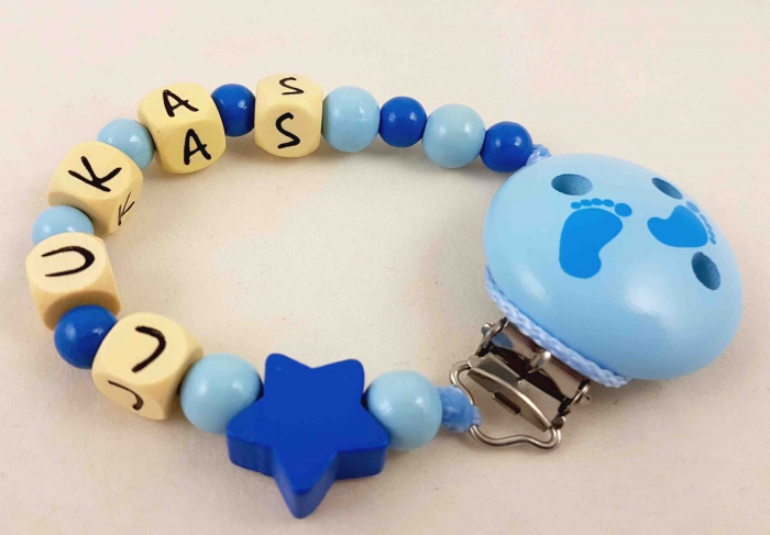 Schnullerkette mit Name "Stern" in babyblau/mittelblau