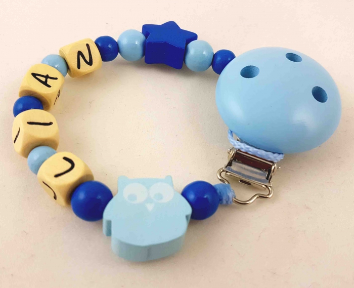 Schnullerkette mit Name "Eule&Stern" in babyblau/mittelblau