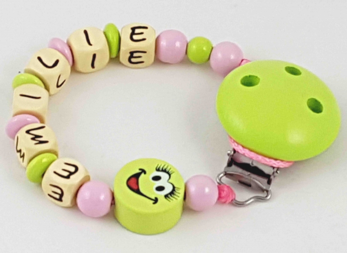 Schnullerkette mit Name "Smiley" babyrosa/lemon