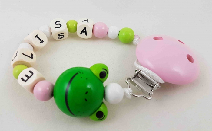 Schnullerkette mit Name "Frosch" in babyrosa/lemon/weiß