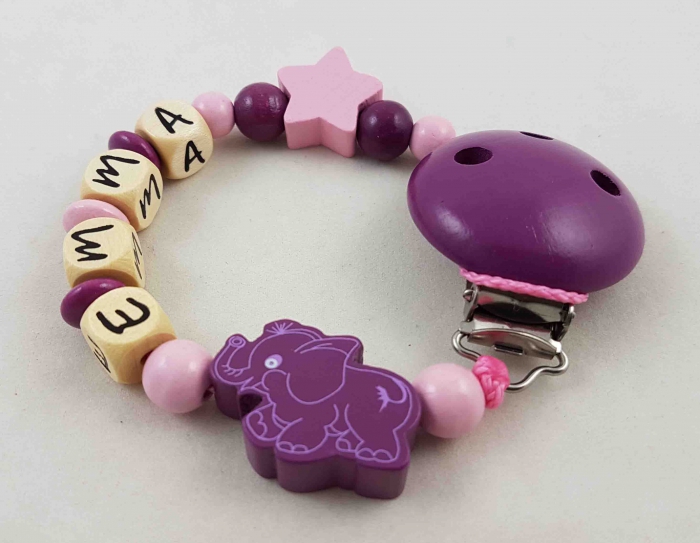 Schnullerkette mit Name "Elefant&Stern" in babyrosa/pflaume