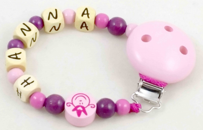 Schnullerkette mit Name "Prinzessin" in babyrosa/pflaume/pink