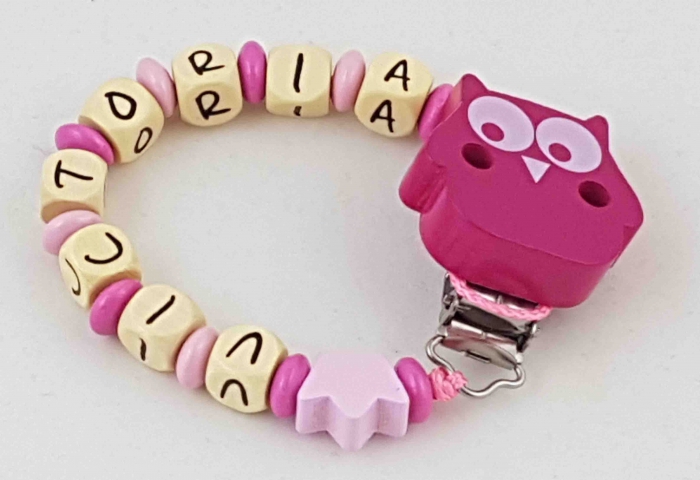 Schnullerkette mit Name "Krönchen" in babyrosa/pink