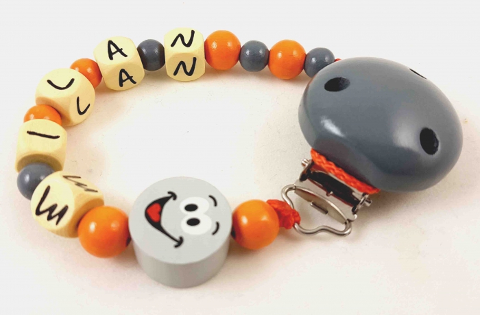 Schnullerkette mit Name "Smiley" in grau/orange