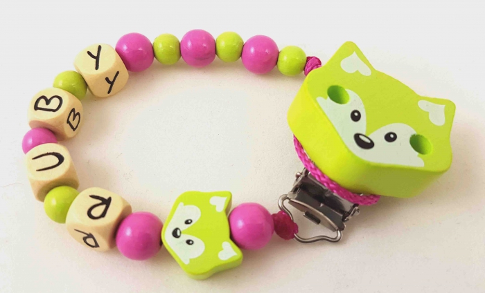 Schnullerkette mit Name "Fuchs" in lemon/pink