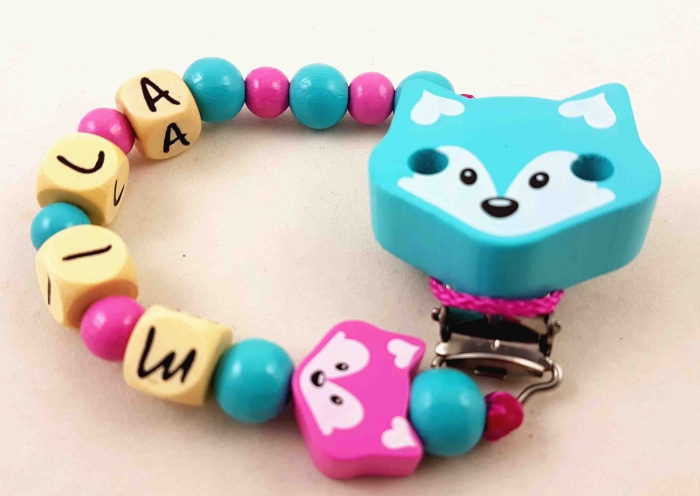 Schnullerkette mit Name "Fuchs" in mint/pink