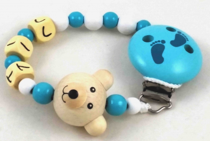 Schnullerkette mit Name "Bär" in mint/weiß