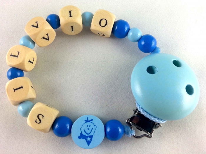 Schnullerkette mit Name "Prinz" in babyblau/mittelblau