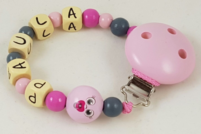 Schnullerkette mit Name "3D Baby" in babyrosa/grau/pink